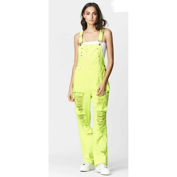 NEW CARMAR Neon Yellow Green Jean Denim Overalls - Picture 4 of 7